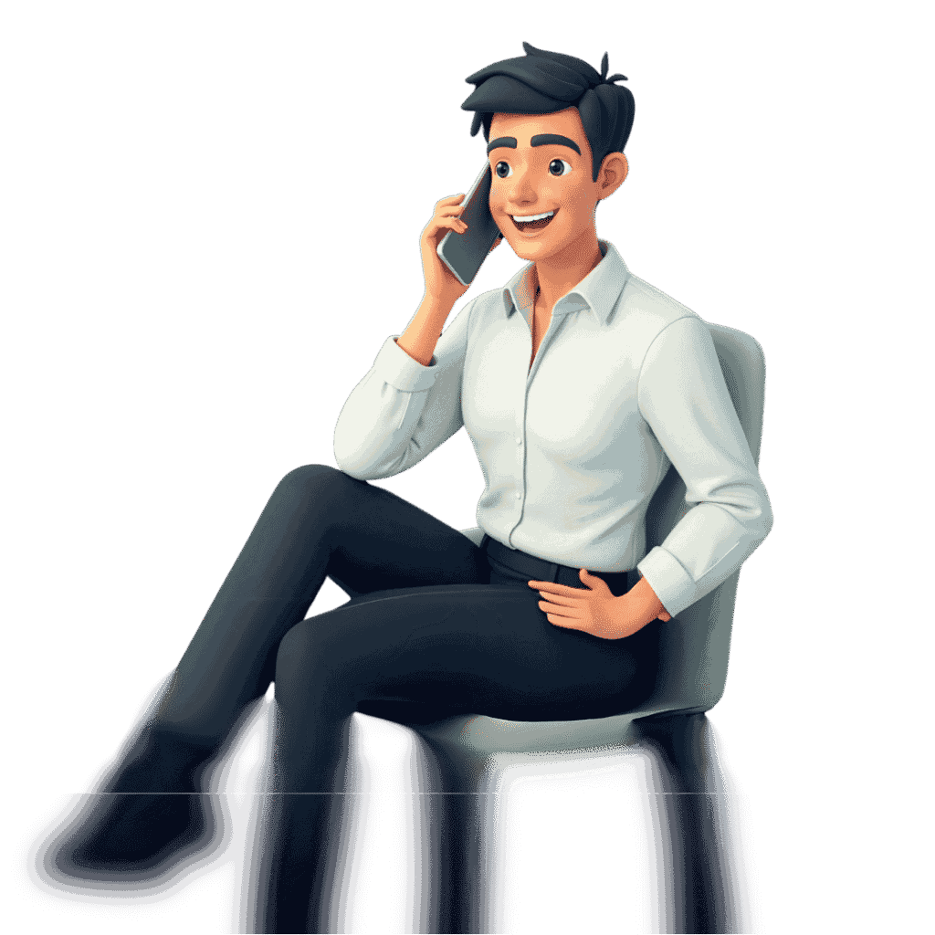 A person in a white shirt sits on a chair, holding a smartphone to their ear, engaged in conversation.