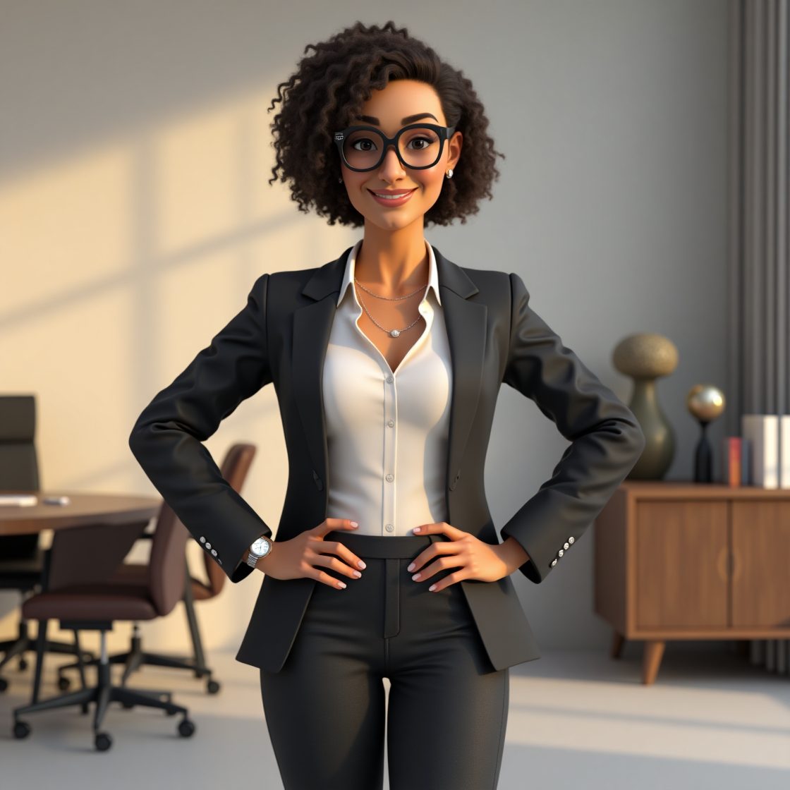A confident professional woman in a tailored black suit, standing in an office with modern furnishings and warm lighting.