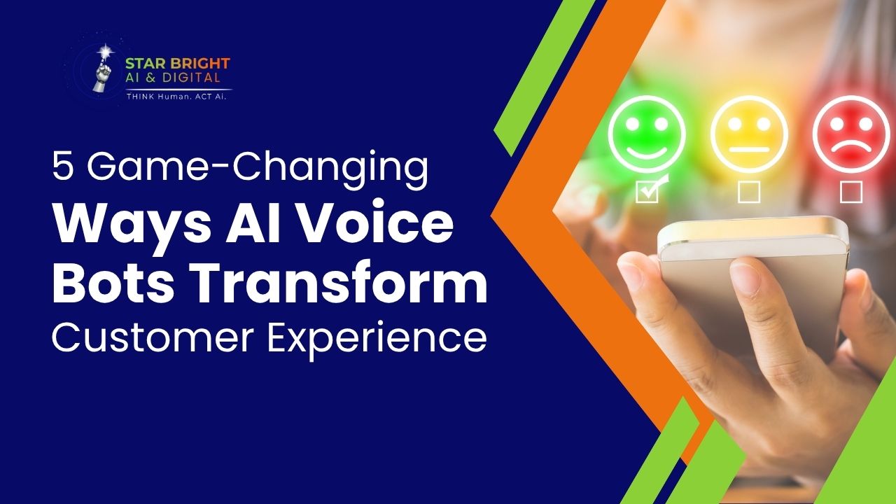A person holding a smartphone with a graphic displaying customer feedback options and the text: "5 Ways AI Voice Bots Transform Customer Experience."