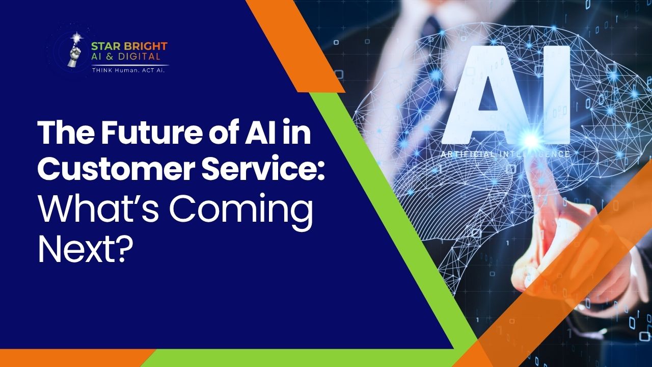 A person points at "AI" symbolizing artificial intelligence in customer service, with a tech-focused background and text on future trends.