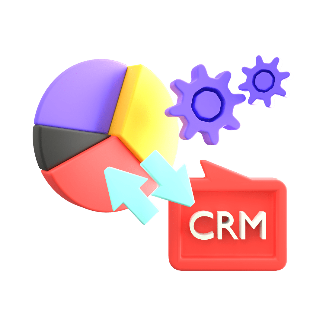 Colorful pie chart with arrows pointing to a red box labeled "CRM" and gears, representing data analysis and customer relationship management.