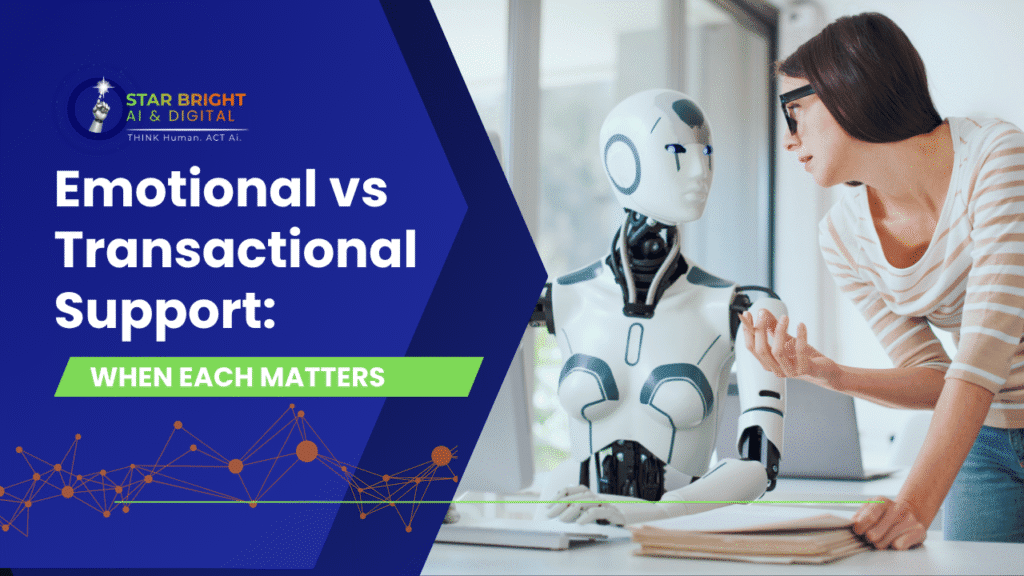 A woman engages with a humanoid robot in a modern office setting, discussing emotional and transactional support concepts.