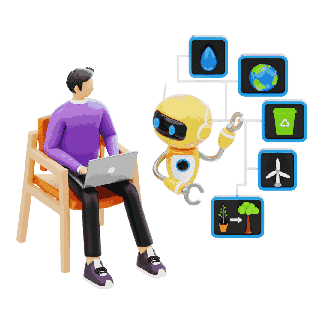 A person sitting on a chair using a laptop, next to a yellow robot showing icons related to environmental sustainability and recycling.