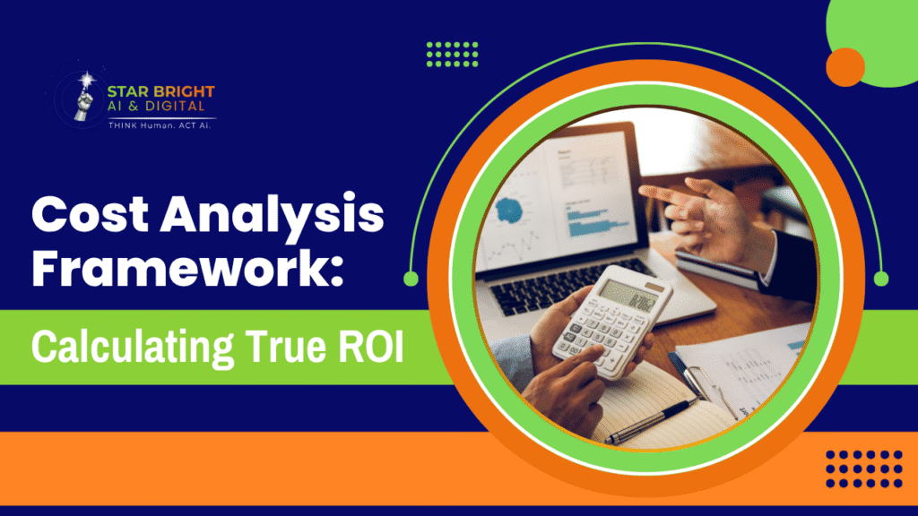 Image depicting a cost analysis framework focusing on calculating true ROI, featuring a calculator and graphs on a laptop.
