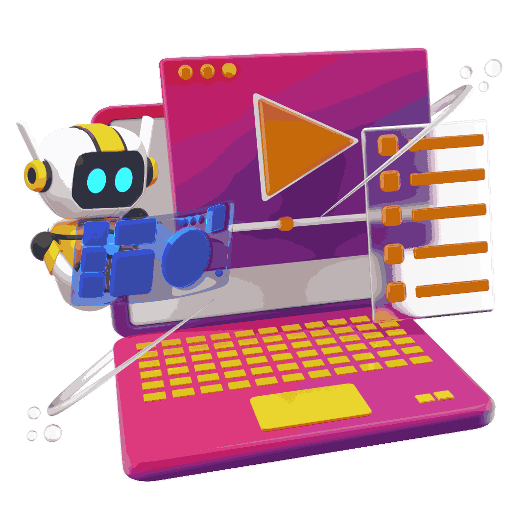 A cute robot interacts with a vibrant pink laptop, featuring colorful buttons and a play button on the screen, symbolizing digital creativity.