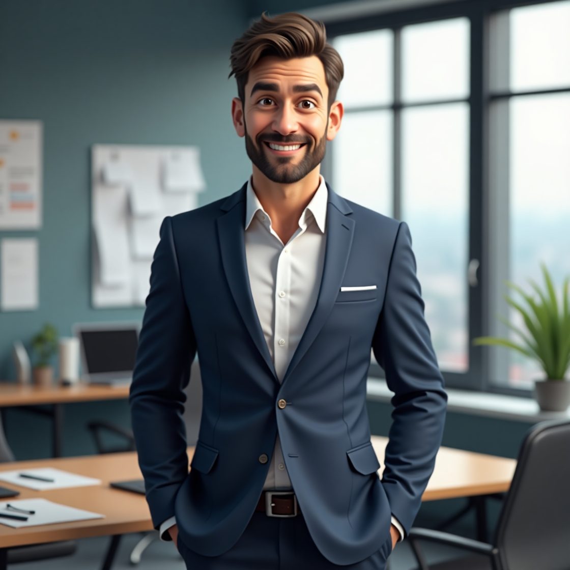 A professional man in a dark suit stands confidently in a modern office with large windows and minimalist furnishings.