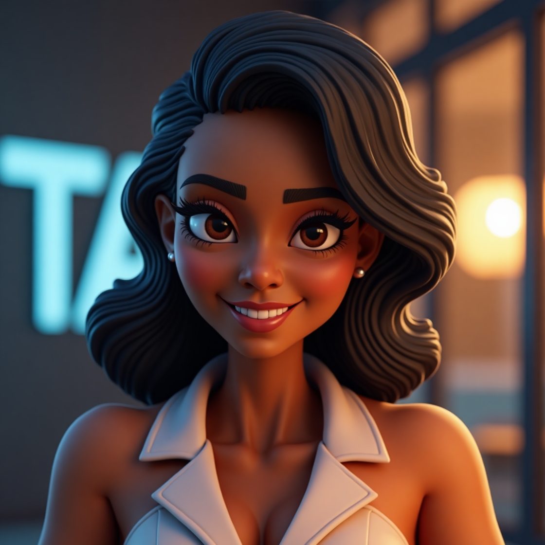 A stylized woman with voluminous hair, wearing a white outfit, stands in a softly lit modern space with a glowing backdrop.